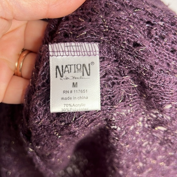 NATION LTD Pointelle Knit Metallic Weave Ruched Sleeve Layering Top - Picture 8 of 9